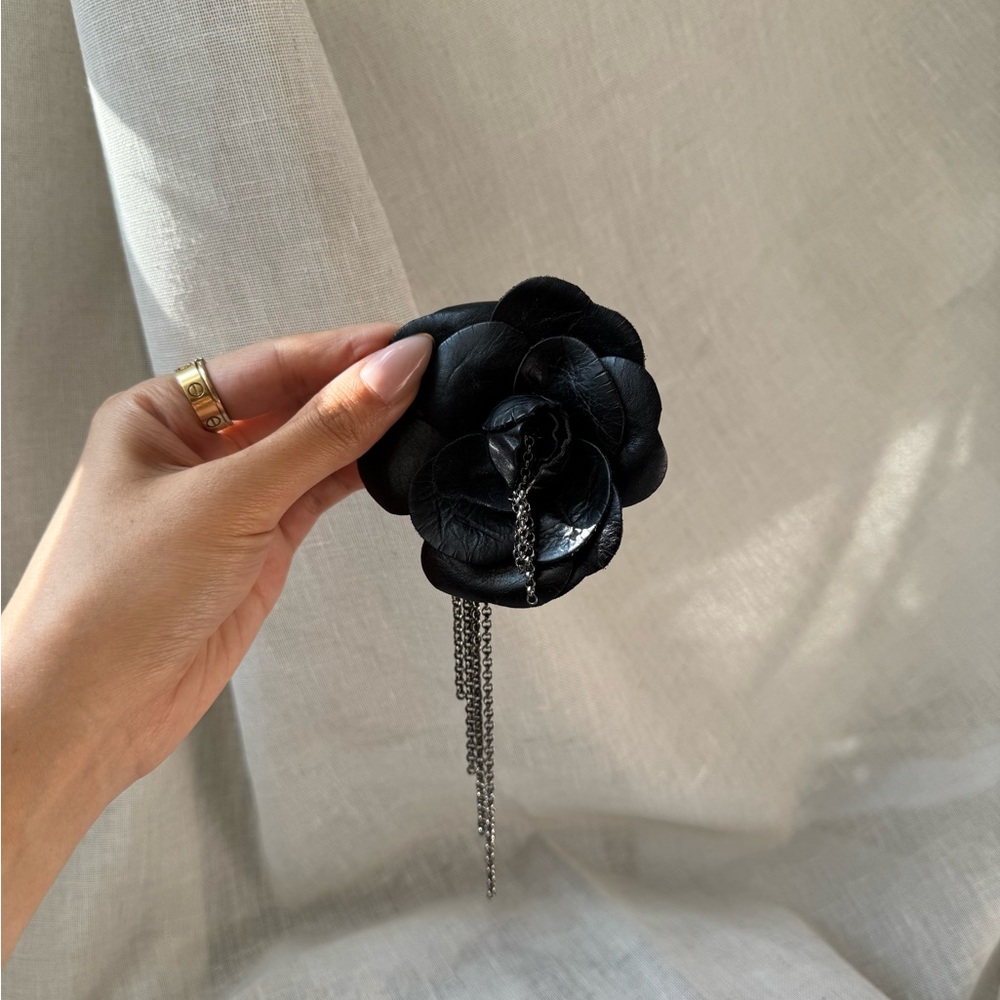 RARE Vintage Chanel Leather Camellia Brooch with Chain